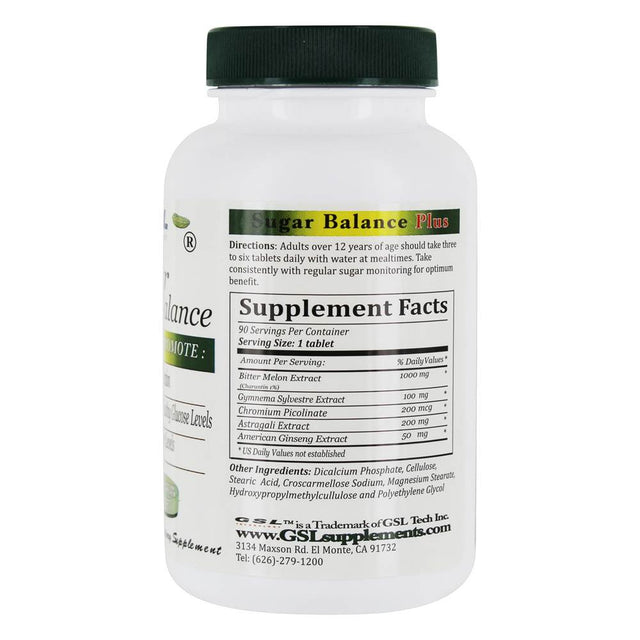 GSL Technology - Sugar Balance plus for Insulin Function, Glucose Levels & Weight - 90 Vegetarian Tablets