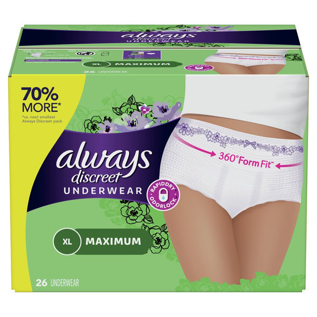 Always Discreet, Postpartum Incontinence Underwear for Women, Maximum, XL, 26 Ct