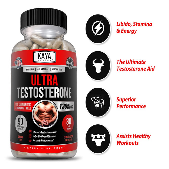 Kaya Naturals Ultra Testosterone 90Ct, Muscle & Testosterone Support, Bodybuilding - 1305Mg