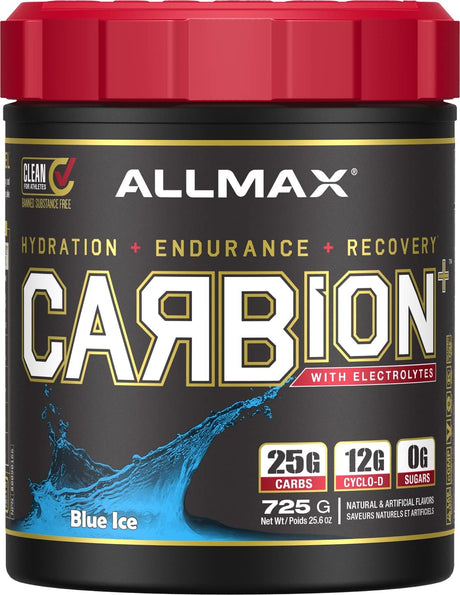 ALLMAX CARBION+, Blue Ice - 725 G - High-Performance Training Fuel - Boosts Hydration, Performance & Recovery - with 25 G Carbs & Zero Sugar - 25 Servings