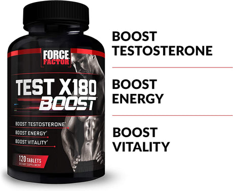 FORCE FACTOR Test X180 Boost Testosterone Booster and Energy Supplement for Men, Boost Energy, Increase Stamina, Enhance Vitality and Performance, with D-Aspartic Acid and Fenugreek, 120 Tablets