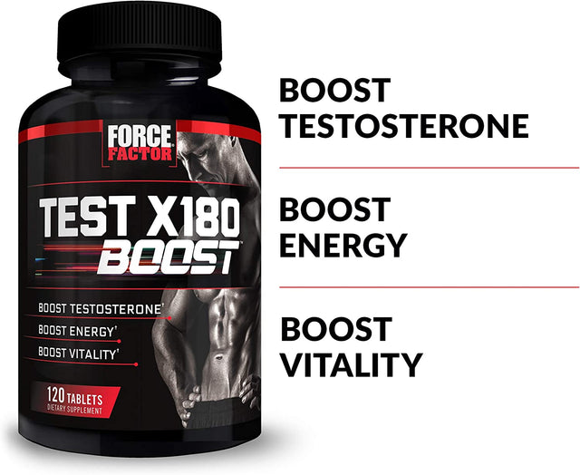 FORCE FACTOR Test X180 Boost Testosterone Booster and Energy Supplement for Men, Boost Energy, Increase Stamina, Enhance Vitality and Performance, with D-Aspartic Acid and Fenugreek, 120 Tablets