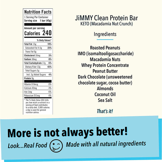 Jimmy! Keto Bar, Delicious Protein Snack for Keto Diet, High Fats - 15G Fat, Low Carb - 5G Net Carbs, 9G Protein, Gluten Free, Macadamia Nut Crunch - with Coconut Oil and Sea Salt, Single Sample Bar