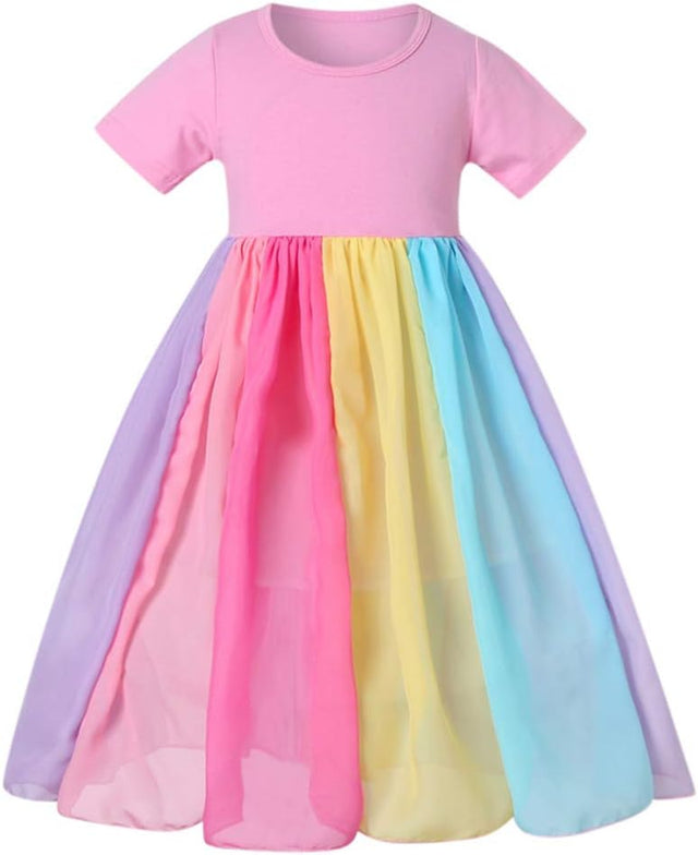 12M-6T Children'S Girls Rainbow Skirt Short Sleeve Stitching Princess Dress,Gown Birthday Party Dresses