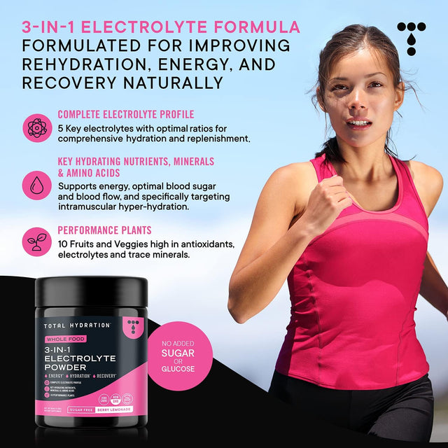 3-In-1 Electrolyte Powder - Sugar Free Low Carb Electrolyte Powder - Keto Electrolytes Hydration Powder - Whole Food Electrolytes Powder Drink Mix in Berry Lemonade, 363G [30 Servings]