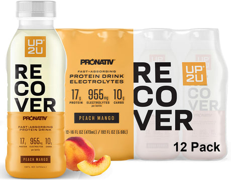 UP2U Water Based Clear Protein Drink with Electrolytes, Peach Mango 16 Oz 12 PK | Certified for Sport, Low Calories, Lactose Free, Low Sugar, US Farms, Recovery in 30 Minutes, Backed by Science