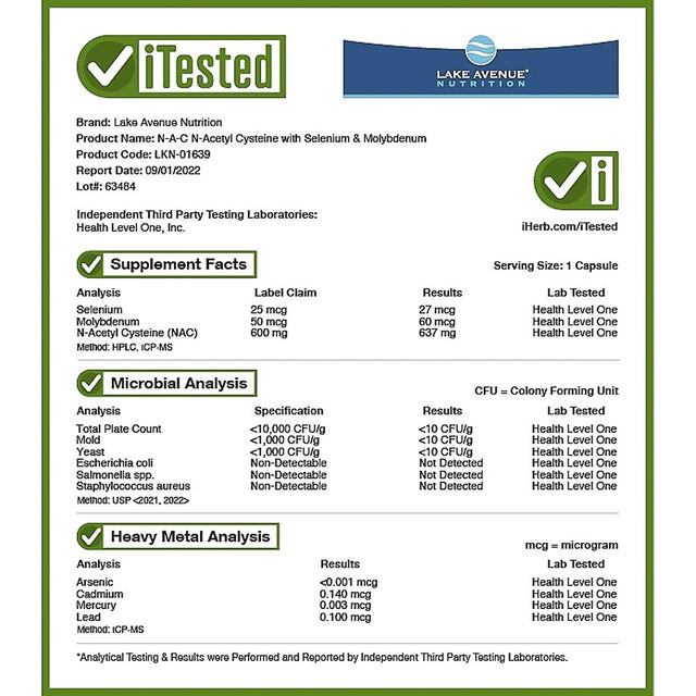 Lake Avenue Nutrition, N-Acetyl-L- Cysteine , 600 Mg, 120 Veggie Capsules
