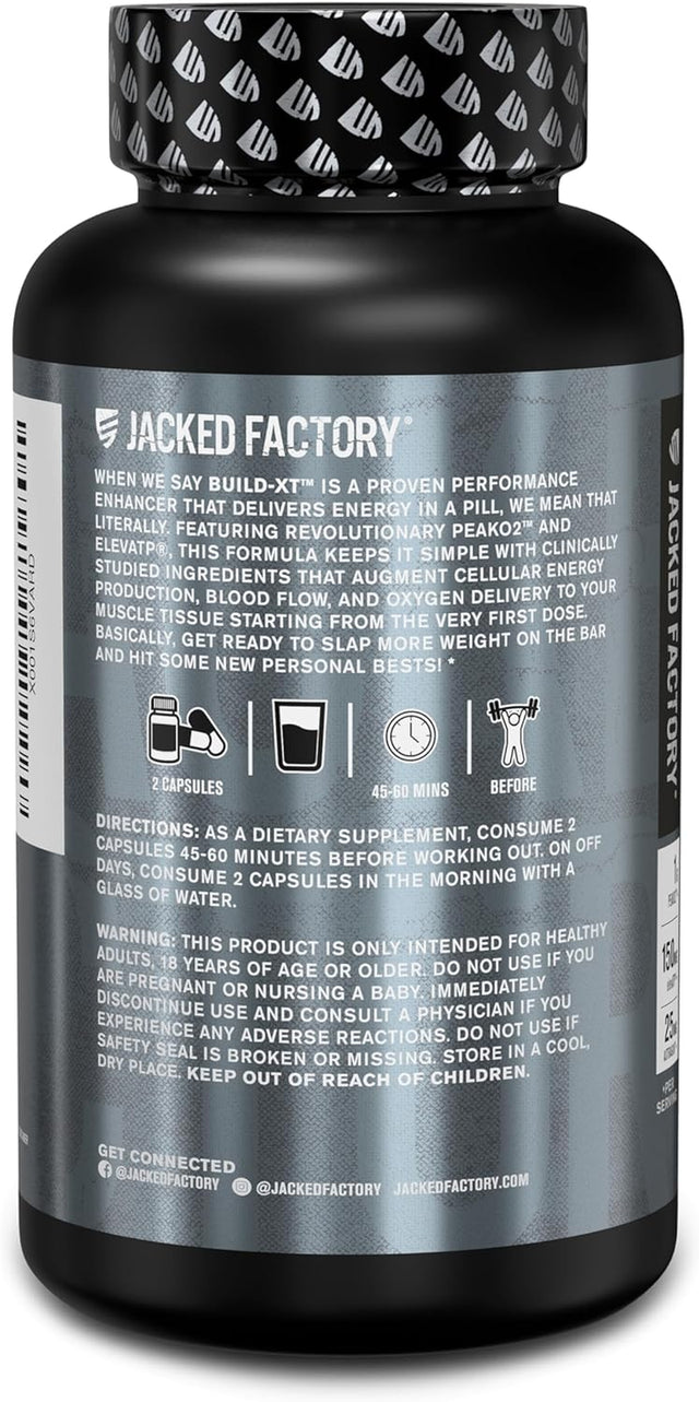 Jacked Factory Build-Xt Daily Muscle Builder & Performance Enhancer - Muscle Building Supplement for Muscular Strength & Growth | Trademarked Ingredients Peak02, Elevatp, & Astragin - 60 Veggie Pills
