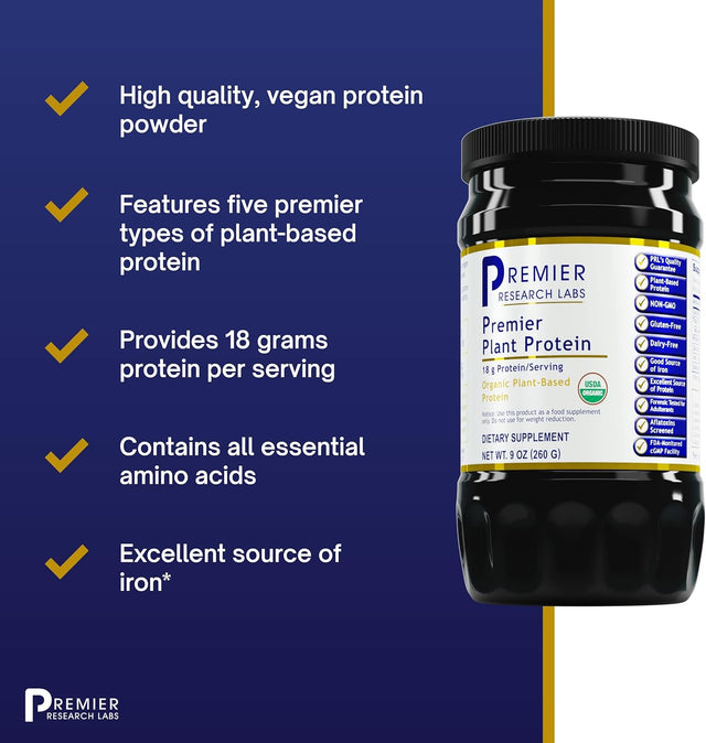 Premier Research Labs Premier Plant Protein - Plant-Based Protein Powder - 18 Grams Protein - 60+ Trace Minerals - with Pea Protein, Quinoa & More - Organic & Vegan - 9 Oz