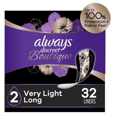 Always Discreet Boutique Incontinence Liners, Very Light Absorbency, Long Length, 32 Count