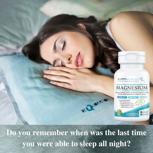 Magnesium, L-Threonate (90 Capsules), 2,253Mg per Serving, Providing 420Mg Elemental, Bisglycinate Chelate, Malate, for Brain, Sleep, Stress, Cramps, Headaches, Energy, Heart, from Kappa Nutrition.