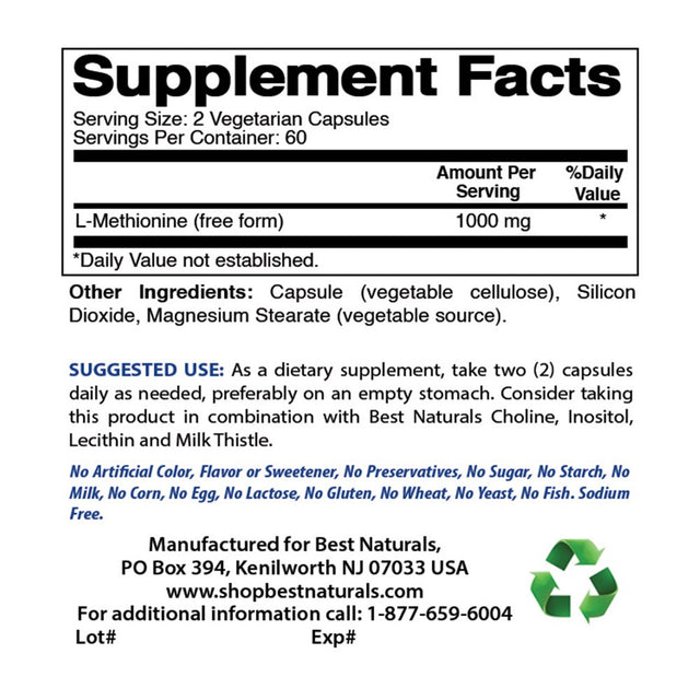 2 Pack Best Naturals L-Methionine 500 Mg 120 Vegetarian Capsules | Liver Health Support