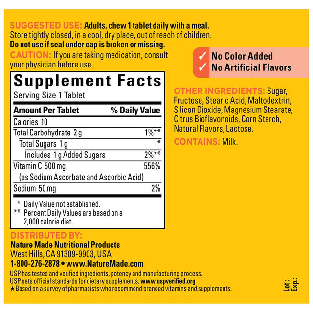 Nature Made Chewable Vitamin C 500 Mg Tablets, Dietary Supplement, 70 Count
