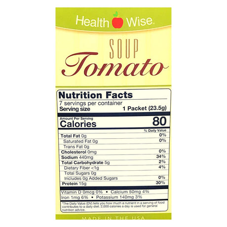 Healthwise Tomato Bouillon Soup For- Hunger Control - for Weight Loss- - Protein Supplement - (7 Packets of 0.83 Oz., Net 5.80 Oz.) - 15 Grams of Protein - 80 Calories