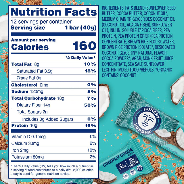 HUNGRY BUDDHA Bars - Plant Based Protein Bars - Vegan Nutrition Bars - Low Sugar Healthy Snacks - Gluten Free Snack Bars - Peanut Free - Protein Bar - Keto Bar - 12 Count [Coconut Cocoa ]