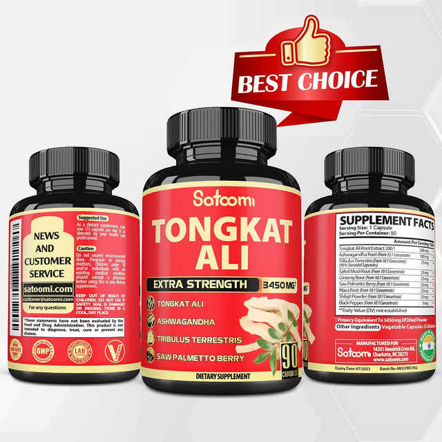 Satoomi Natural Tongkat Ali Root Extract 200:1 - 9 Essential Herbs Equivalent to 3450Mg - Support Strength, Energy and Healthy Immune - 1 Pack 90 Vegan Caps 3 Month Supply
