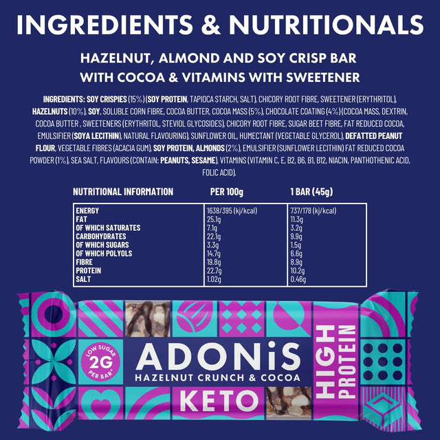 Adonis Hazelnut Crunch & Cocoa High Protein Keto Bars (16X45G Bars) | Vegan & Keto-Friendly | 100% Natural Keto Snacks | Sugar Free, Palm Oil Free | Low Sugar, Low Calorie & Low Carb for Weight Loss