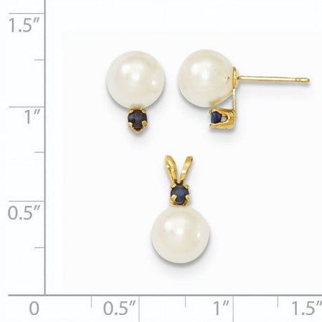 Finest Gold 14K 7-8 Mm White FW Cultured Pearl & Sapphire Stud Earring & Pendant