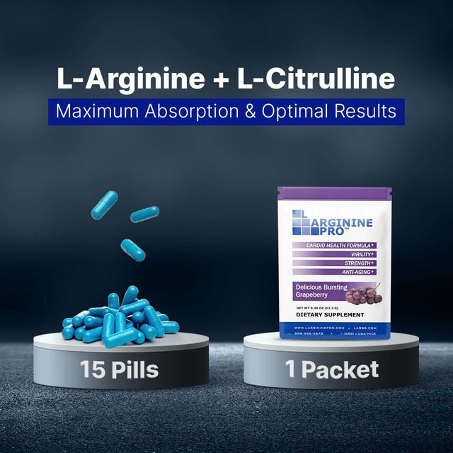 L-ARGININE PRO Supplement On-The-Go Single Serve Travel Packets - 5,500Mg of L-Arginine plus 1,100Mg L-Citrulline (Grape Berry, 30 Packets)