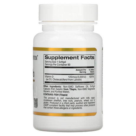 Vitamin D3 Supplement by California Gold Nutrition - Support for Healthy Bones & Teeth - Immune System Support - Gluten Free, Non-Gmo - 125 Mcg (5,000 IU) - 90 Fish Gelatin Softgels