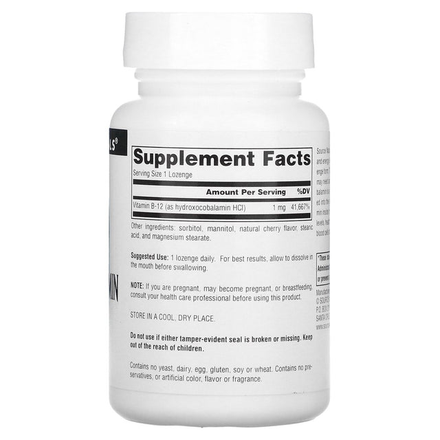 Hydroxocobalamin, Vitamin B12, Cherry , 1 Mg, 120 Lozenges, Source Naturals