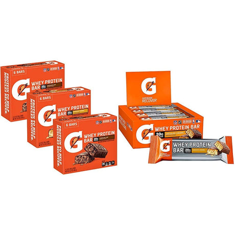 Gatorade Whey Protein Bars, Variety Pack, 2.8 Oz Bars (Pack of 18) & Whey Protein Bars, Chocolate Caramel, 2.8 Oz Bars (Pack of 12, 20G of Protein per Bar)