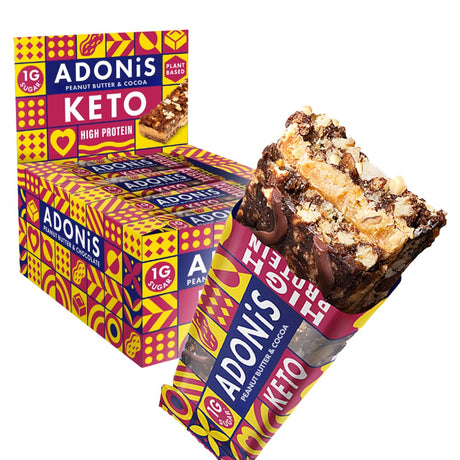 Adonis Peanut Butter & Chocolate High Protein Keto Bars (16 X 45G Bars) | Vegan & Keto-Friendly | 100% Natural Keto Snacks | Sugar Free, Palm Oil Free, Dairy Free | Low Sugar, Low Calorie & Low Carb