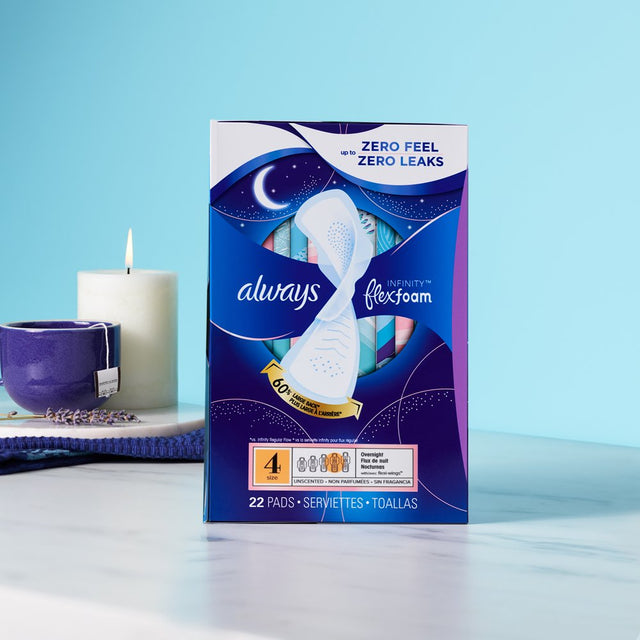 Always Infinity Feminine Pads with Wings, Size 4, Overnight Absorbency, Unscented, 38 Ct