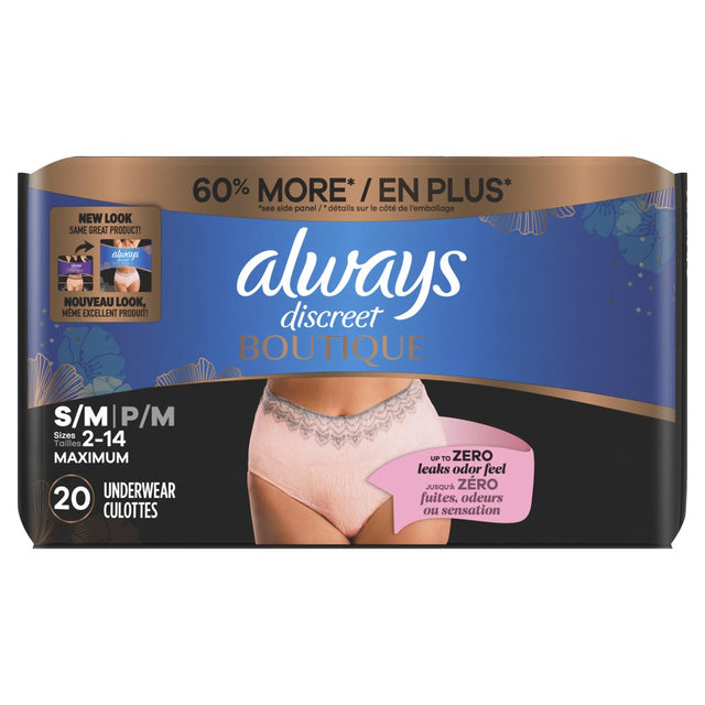 Always Discreet Boutique Incontinence Underwear, Maximum Protection, S/M, Rosy, 20 Ct