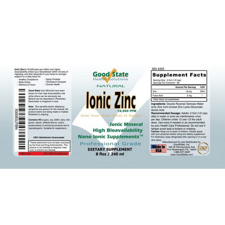 Good State Liquid Ionic Minerals - Zinc - (96 Servings at 18Mg Each) (8 Fl Oz)