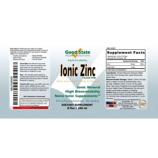 Good State Liquid Ionic Minerals - Zinc - (96 Servings at 18Mg Each) (8 Fl Oz)