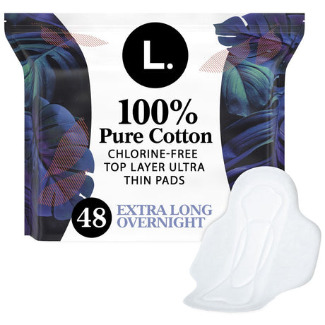 L. Ultra Thin Pads, Overnight Absorbency, 48 Ct, 100% Pure Cotton Top Layer