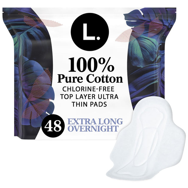 L. Ultra Thin Pads, Overnight Absorbency, 48 Ct, 100% Pure Cotton Top Layer
