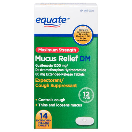 Equate Mucus Relief Max Strength, Cough Suppressant DM Tablets, 14 Count
