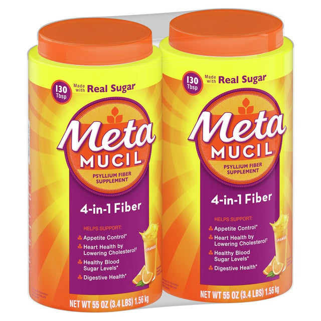 Metamucil Psyllium Fiber Supplement, 4-In-1 Fiber, Real Sugar Powder, Orange, 55 Oz, Twin Pack