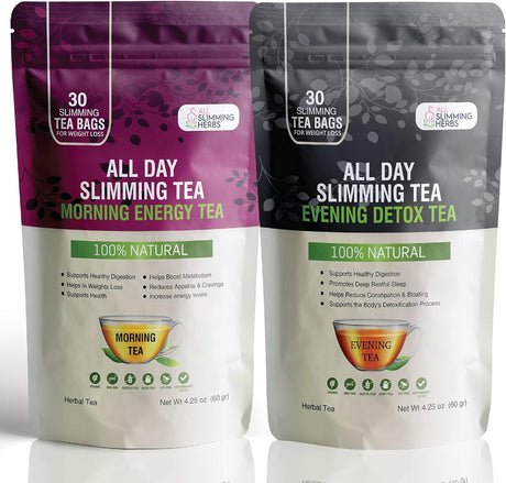 All Day Slimming Tea for Weight Loss - All Natural 30 Days Detox Tea That Flattens Tummy - Daytime Energy Boost Tea 30 Bag+ Evening Detox Tea 30 Bag