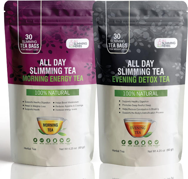 All Day Slimming Tea for Weight Loss - All Natural 30 Days Detox Tea That Flattens Tummy - Daytime Energy Boost Tea 30 Bag+ Evening Detox Tea 30 Bag