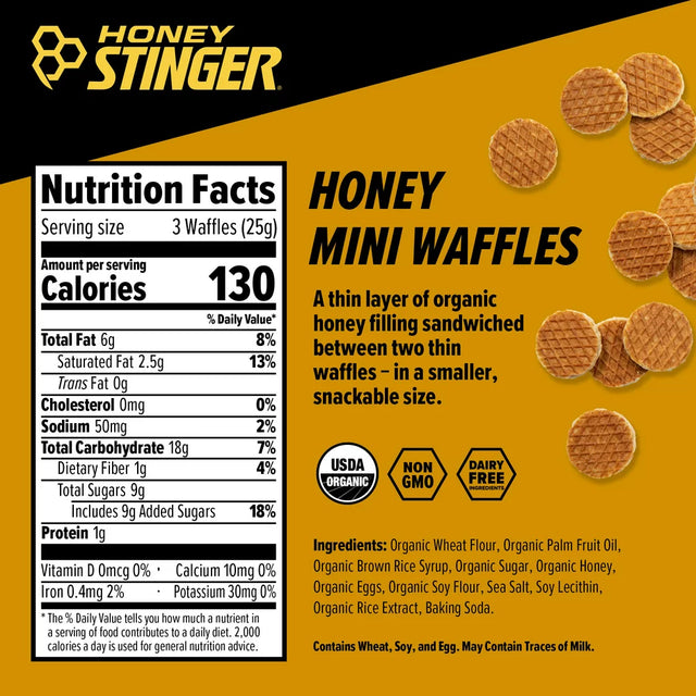 Honey Stinger, Organic Healthy Snack Mini Waffles, Honey, 5.3 Oz Bag