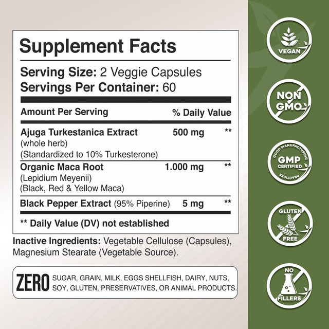 Gade Nutrition Maca Root Powder Capsules with Turkesterone 2 Month Supply with Black, Red, Yellow Peruvian Maca for Both Men & Women