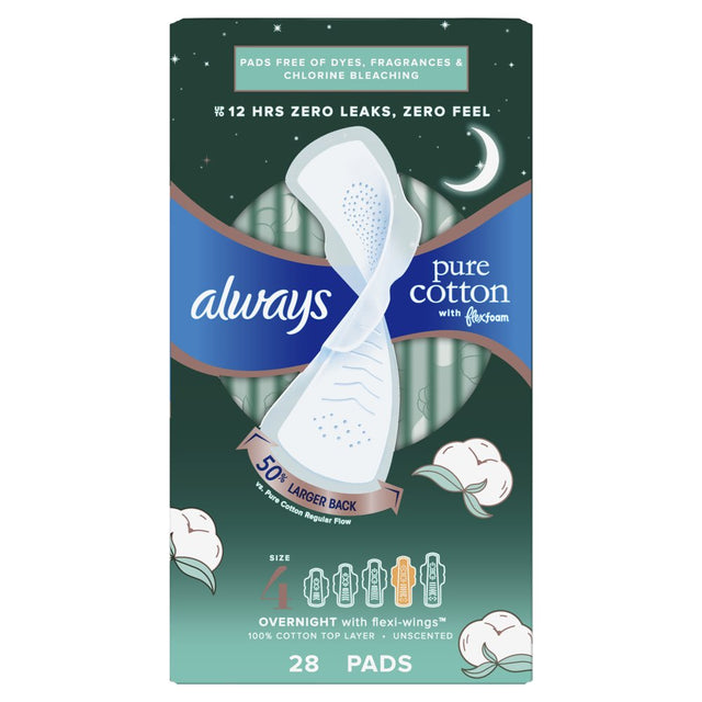 Always Pure Cotton Feminine Pads with Wings, Size 4, Overnight Absorbency, 28 CT