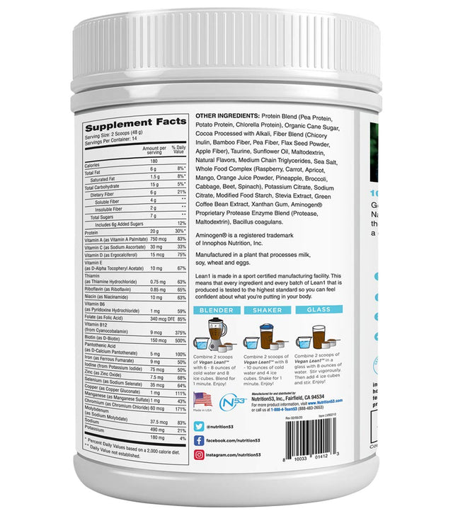 Lean1 Vegan Chocolate, a Vegan Certified Nature'S Protein Shake and Meal Replacement, 1.5 LB