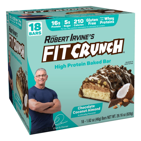 FITCRUNCH Snack Size Protein Bars, Designed by Robert Irvine, World’S Only 6-Layer Baked Bar, 5G of Sugar & Soft Cake Core (18 Bars, Chocolate Coconut Almond)