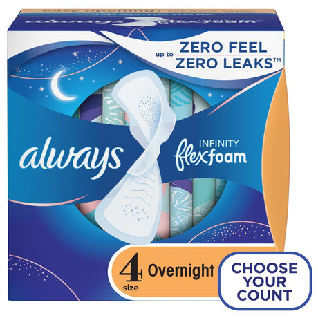 Always Infinity Feminine Pads with Wings, Size 4, Overnight Absorbency, Unscented, 38 Ct