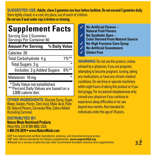Nature Made Melatonin 10Mg per Serving Melatonin Gummies, 100% Drug Free Sleep Aid, 120 Ct