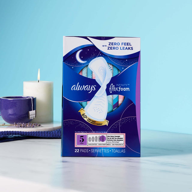 Always Infinity Feminine Pads with Wings, Size 5, Extra Heavy Overnight Absorbency, Unscented, 30 Ct