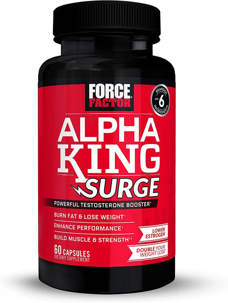 FORCE FACTOR Alpha King Surge Testosterone Booster for Men, Testosterone Supplement to Help You Build Muscle and Strength, Burn Fat, Lose Weight, Lower Estrogen, and Enhance Performance, 60 Capsules