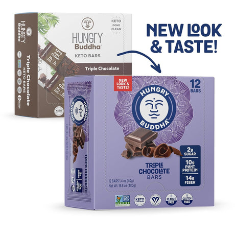 HUNGRY BUDDHA Bars - Plant Based Protein Bars - Vegan Nutrition Bars - Low Sugar Healthy Snacks - Gluten Free Snack Bars - Peanut Free - Protein Bar - Keto Bar - 12 Count [Triple Chocolate]