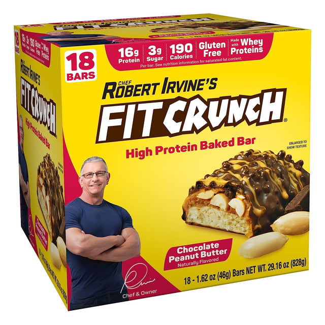 FITCRUNCH Snack Size Protein Bars, Designed by Robert Irvine, 6-Layer Baked Bar, 3G of Sugar, Gluten Free & Soft Cake Core (18 Bars, Chocolate Peanut Butter)