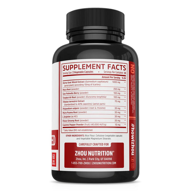Horny Goat Weed with Maca and Tribulus Capsules, 60 Ct, by Zhou Nutrition