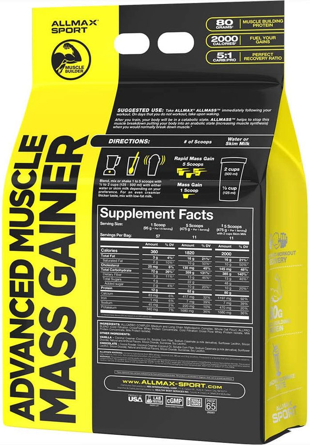 ALLMAX ALLMASS, Vanilla - 12 Lb - Advanced Muscle Gainer - up to 80 Grams of Protein per Serving - 5:1 Carb-To-Protein Ratio - Zero Trans Fat - up to 57 Servings